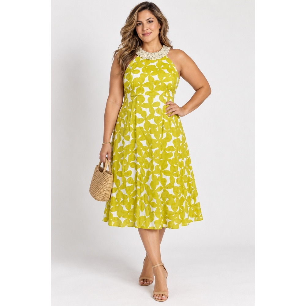 INC International Concepts Yellow Floral Pearl Halter Sheath Dress 14